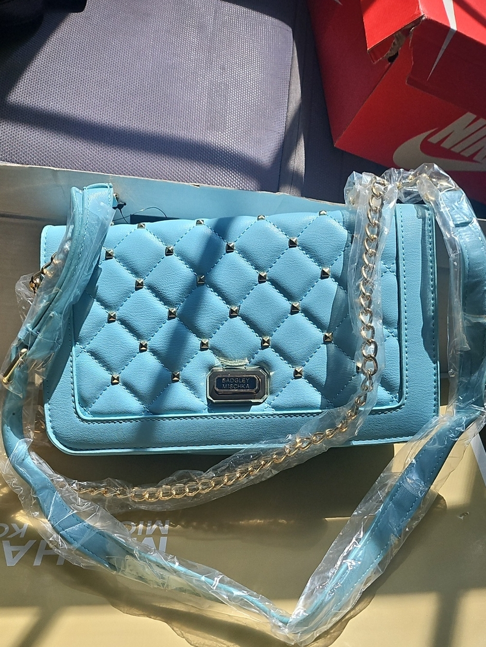 Light Blue Quilted Crossbody Bag with Chain Strap